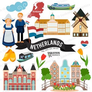 Pays-Bas voyage Clip Art - drapeau néerlandais - Continent européen du monde - carte muette du pays - téléchargement numérique instantané - EPS, PNG, JPEG #T025