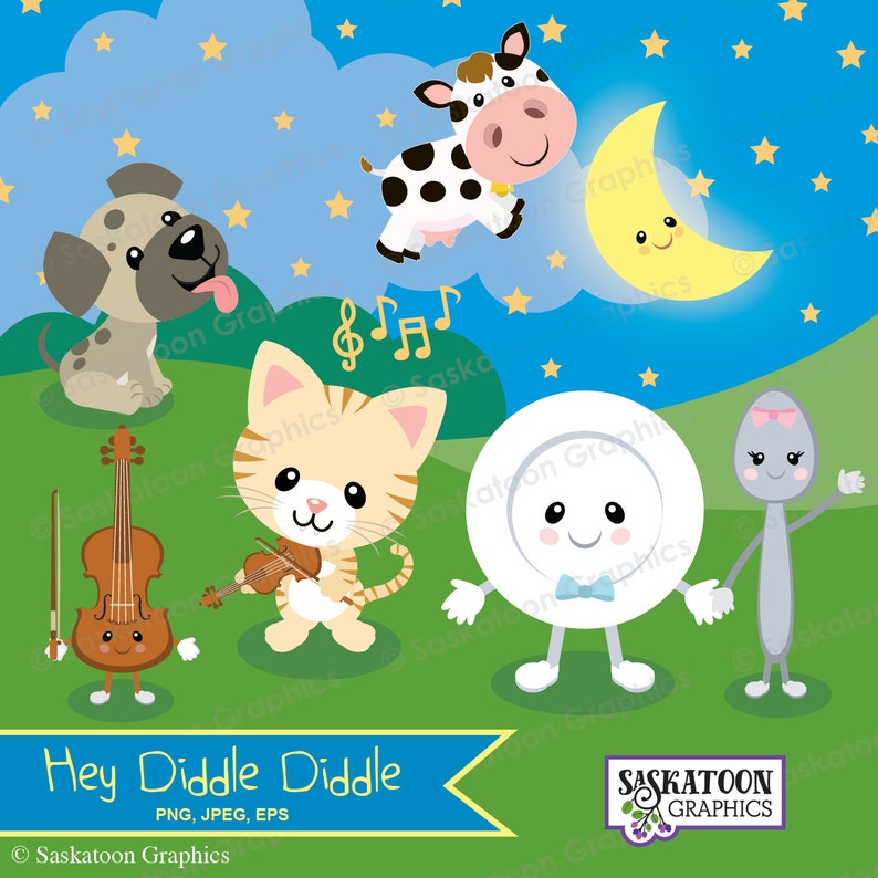 May include: Illustration of a cow jumping over the moon, a dog, a cat, a plate, and a spoon playing musical instruments. The text "Hey Diddle Diddle" is at the bottom of the image.