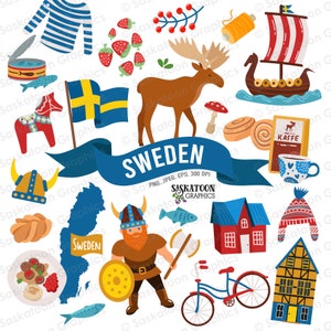Schweden Reise Clip Art - Schwedische Flagge - Europäischer Kontinent Welt - Länderkarte - Sofortiger digitaler Download - EPS, PNG, JPEG #T008