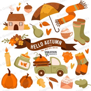 May include: A collection of autumn-themed illustrations, including a house, a pear, a candle, a jar with a candle, a truck with a pumpkin in the back, a pair of boots, a scarf, an umbrella, a cup of coffee, a bunch of leaves, and a few pumpkins. The text "HELLO AUTUMN" is written on a brown ribbon.