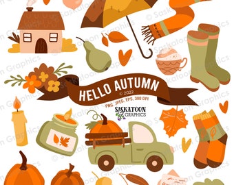 Hello Autumn Clip Art - Pumpkin Spice Fall -  Instant Download File -  Digital Graphics - Product - Commercial Use - EPS, PNG, JPEG - #SE002