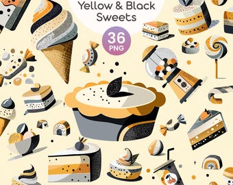 Yellow & Black Sweets Clipart | Modern Dessert PNG Bundle | Cakes, Candy, Ice Cream, Pies, Lollipops | Digital Download | PNG + EPS