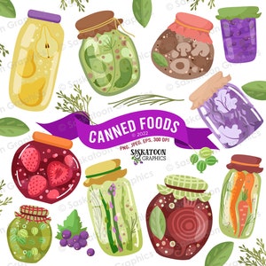 May include: A collection of ten illustrated jars of canned foods, including pears, pickles, mushrooms, cabbage, strawberries, asparagus, beets, carrots, and gooseberries. The jars are arranged in a circle with a purple ribbon that says "Canned Foods" and "Saskatoon Graphics".