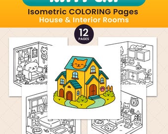 Kitty Cat Coloring Pages | Cute Isometric House Rooms | Animal Interior Scenes | Instant Digital Download | 12 Coloring Pages | PDF | PNG