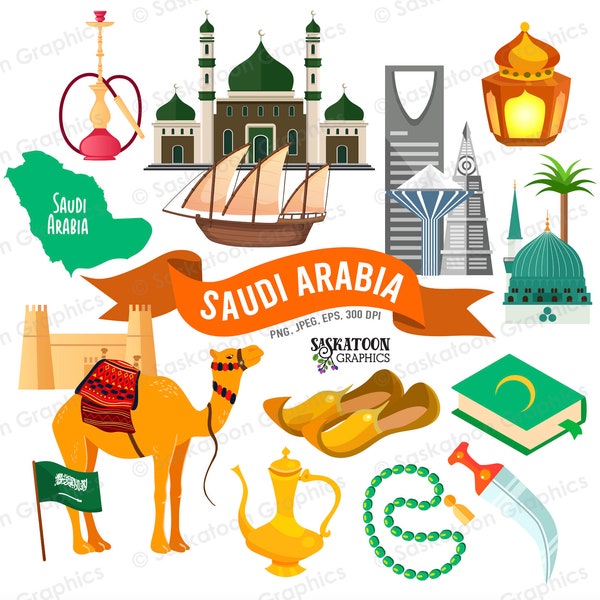 Saudi Arabia Travel Clip Art - Flag - Southwest Asia Continent World - Country Outline Map - Instant Digital Download - EPS, PNG, JPEG #T028