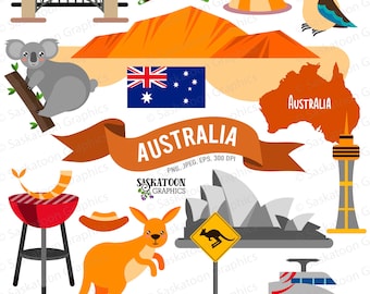 Australia Travel Clip Art - Australian Flag - Continent World - Country Outline Map - Instant Digital Download - EPS, PNG, JPEG #T023