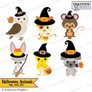 May include: Six Halloween-themed animal illustrations. A gray owl, orange and white cat, gray mouse, gray bunny, yellow chick, and gray dog are all wearing witch hats with orange and purple accents. Each animal is holding a Halloween-themed item, such as a candy corn, a pumpkin bucket, or a broom.