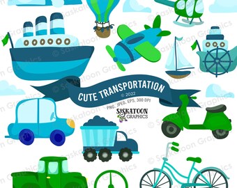 Cute Transportation Clip Art - Blue Green -  Instant Download File -  Digital Graphics - Products - Commercial Use - EPS, PNG, JPEG - #C001