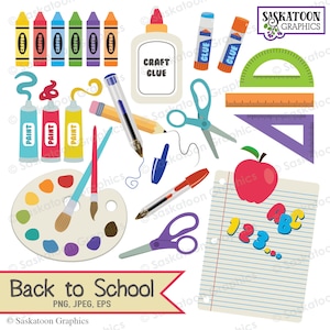 Op de afbeelding: Back to school clipart set met kleurpotloden, verf tubes, kwasten, een palet, scharen, lijmstokken, een lijmfles, een potlood, pennen, een liniaal, een geodriehoek, een driehoek, een vel met lijntjespapier met de cijfers 123 en de letters ABC, en een rode appel.