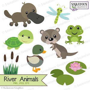 May include: A set of cartoon river animals, including a platypus, otter, turtle, duck, frog, dragonfly, and lily pads. The animals are all in bright colors and have friendly expressions. The text "River Animals" is at the bottom of the image.