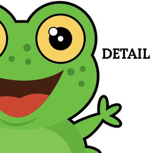 May include: A cartoon green frog with a big smile and large yellow eyes. The frog is waving with its right arm. The word "DETAIL" is written in black text on the right side of the image.