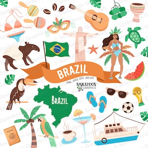 Brasilien Reise Clip Art - Brasilianische Flagge - Südamerikanischer Kontinent Welt - Landkarte - Sofortiger digitaler Download - EPS, PNG, JPEG #T010