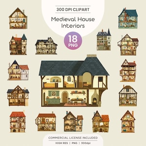 May include: A collection of 12 medieval house interior illustrations. The houses are in various styles, with visible rooms and furnishings. The image includes the text "300 DPI CLIPART", "Medieval House Interiors", "18 PNG", "COMMERCIAL LICENSE INCLUDED", and "HIGH RES | PNG | 300dpi".