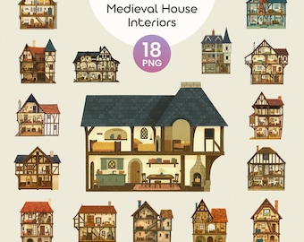 Medieval Dollhouse Clipart | Fantasy House Interiors PNG Bundle | Cute Medieval Buildings for Storytelling, Digital World Building | 18 PNG
