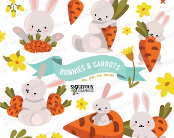 Bunnies and Carrots Clip Art - Farm Animals - Instant Download File - Digital Graphics - Product - Commercial Use - EPS, PNG, JPEG - #A039