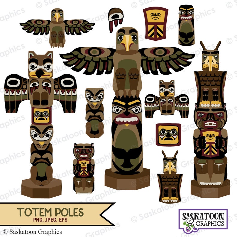 Op de afbeelding: Een set van 10 kleurrijke digitale illustraties van Native American totempalen. De palen zijn versierd met verschillende dieren, waaronder uilen, beren, adelaars en wolven. De palen zijn in verschillende kleuren, waaronder bruin, groen, rood en geel.
