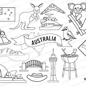 May include: A black and white line drawing illustration of Australian icons. The illustration includes a kangaroo, a koala, a boomerang, a didgeridoo, a flag, a map of Australia, the Sydney Opera House, the Sydney Harbour Bridge, a hat, a barbecue, a road sign, and a gum tree.