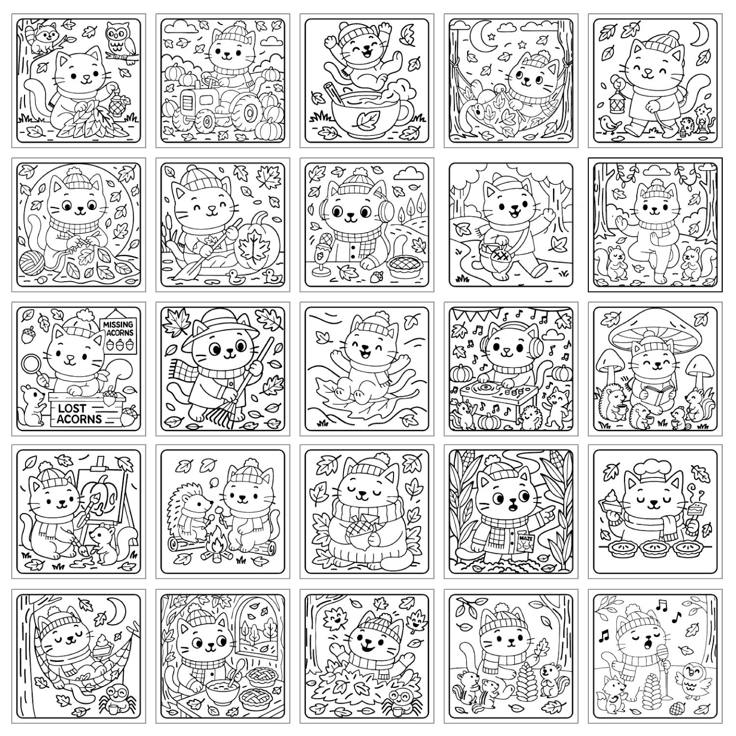 Fall Autumn Cats Coloring Pages | Cute Kitty Cats Coloring Book | 24 ...
