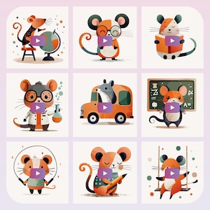 May include: A collection of nine cartoon illustrations of mice engaged in various activities. The mice are depicted in different poses, such as reading, studying, and playing. Each mouse has a unique expression and is set against a soft, pastel background.