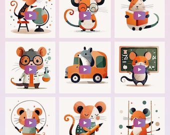 School Mice Animals  |  Animated Motion Video Clipart  |  Social Media Graphics, Instant Digital Download  |  9 MP4 Motion Loops