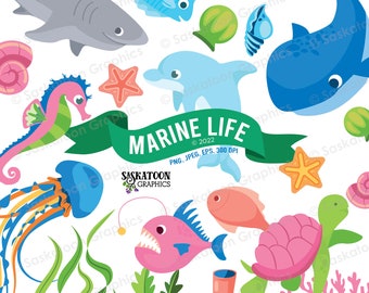 Marine Life Ocean Clip Art -Instant Download File - Digital Graphics - Product Artwork - Crafts - Commercial Use - EPS, PNG, JPEG - #A034