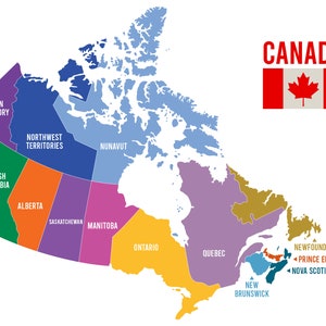 Mapa de cores brilhantes do Canadá - Clip Art - América do Norte - Arquivo para download instantâneo - Geografia - Comercial + Pessoal - Vetor JPEG + PNG eps