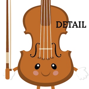 May include: A cartoon illustration of a brown violin with a bow. The violin has a smiling face with large eyes and rosy cheeks. The text "DETAIL" is written in black letters on the violin.