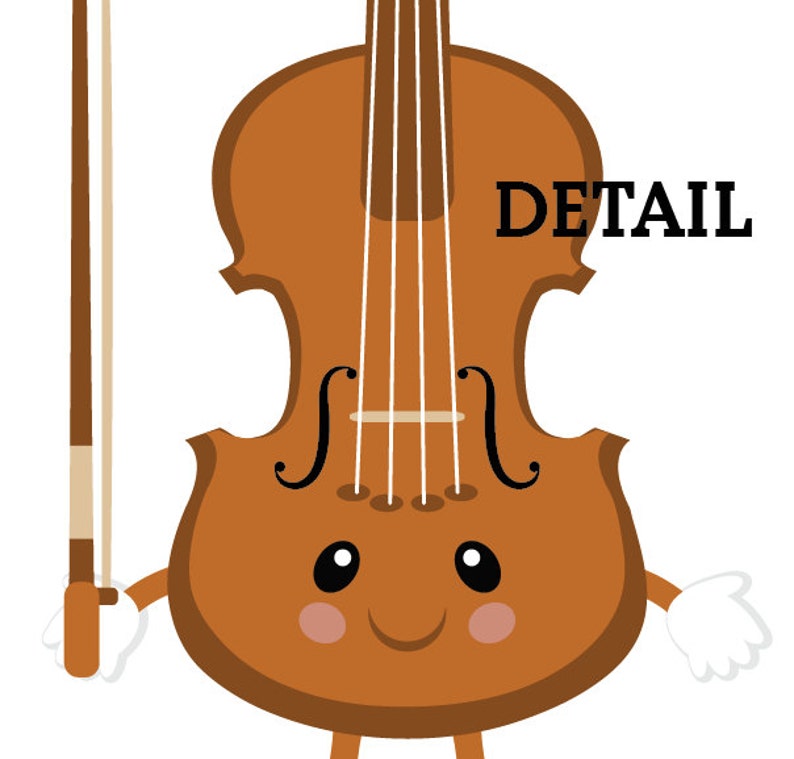 May include: A cartoon illustration of a brown violin with a bow. The violin has a smiling face with large eyes and rosy cheeks. The text "DETAIL" is written in black letters on the violin.