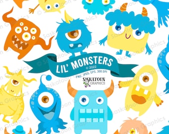 Cute Monsters Clip Art - Instant Download File - Digital Graphics - Product Artwork - Crafts - Commercial Use - EPS, PNG, JPEG - #F002