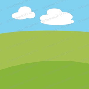 May include: A green grassy field with a blue sky and two white clouds. The sky is a light blue and the clouds are fluffy.