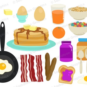 May include: A colorful illustration of a breakfast spread with pancakes, bacon, eggs, cereal, orange juice, and a jar of jam.