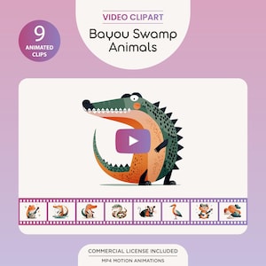 May include: A digital graphic featuring a cartoon alligator with a play button, labeled "Bayou Swamp Animals." The image includes a series of animated clips and the text "Video Clipart." The color palette includes green, orange, and purple.