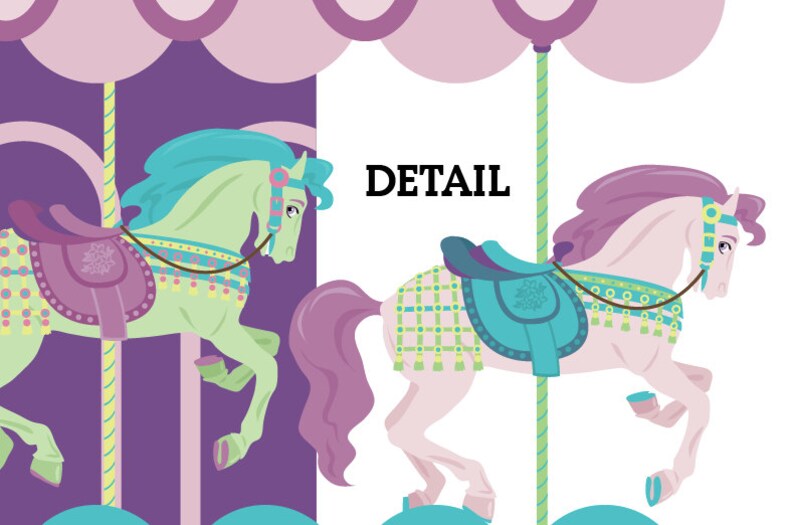 May include: Two carousel horses, one green with a purple saddle and the other white with a turquoise saddle, both with pink manes and tails. The word "DETAIL" is written in black text on a white background.