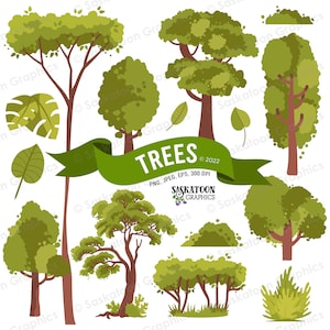 May include: A set of 10 cartoon tree illustrations in various styles and sizes. The trees are green and brown and are isolated on a white background. The text "TREES" is in a green banner at the top of the image. The text "PNG, JPEG, EPS, 300 DPI" is below the banner. The text "SASKATOON GRAPHICS" is below the DPI text.