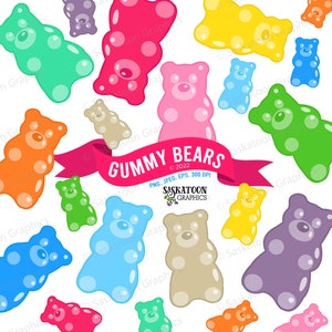 May include: A collection of colorful gummy bear illustrations. The bears are in various poses and are arranged in a random pattern. The text "GUMMY BEARS" is displayed in a red banner with white lettering. The text "© 2022" is below the banner. The text "PNG, JPEG, EPS, 300 DPI" is below the copyright information. The text "SASKATOON GRAPHICS" is below the file type information.