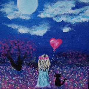 Acrylic Painting on Canvas Board 30x24 cm, original acrylic painting, childgirl with cat in the night