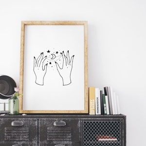 Hands with Stars and Moon // Illustrated Astrology Print // Celestial Wall Art