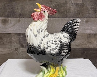 Vintage Ceramic Rooster Figurine, Black and White, Made in Italy