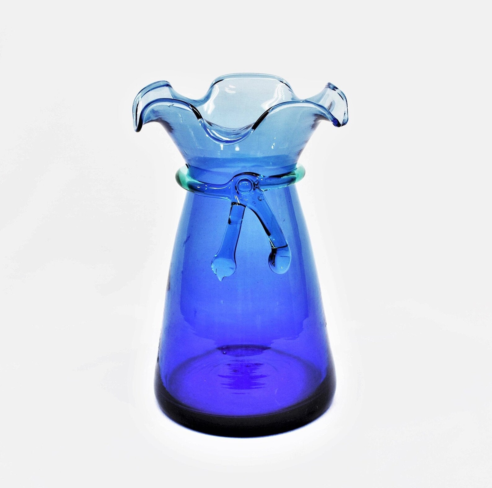 Vintage Blenko Type Blue Glass Vase With Applied Bow Ribbon Etsy