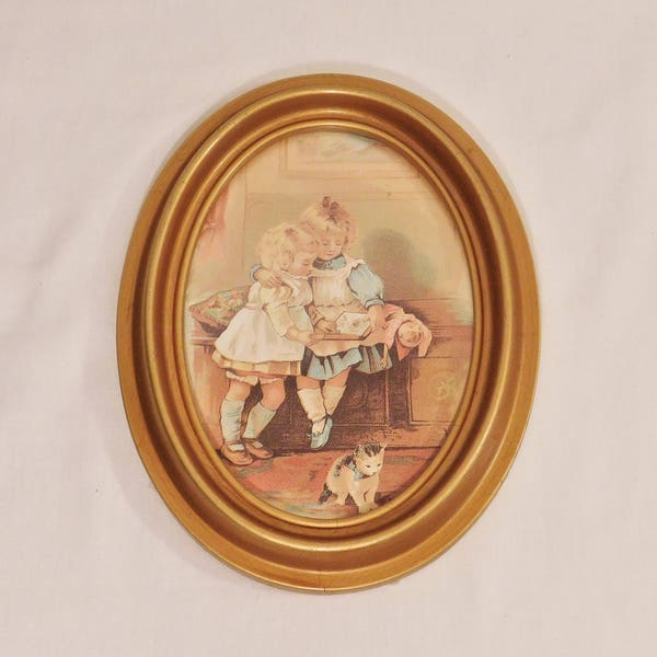 Vintage Gold Tone Oval Picture Little Girls Reading Children Picture Frame, Sisters Love Wall Hanging Kids Room Decor, Victorian Decor,