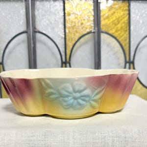 Shawnee Pottery Vintage Long Thin Red and Yellow Planter with Blue Flower