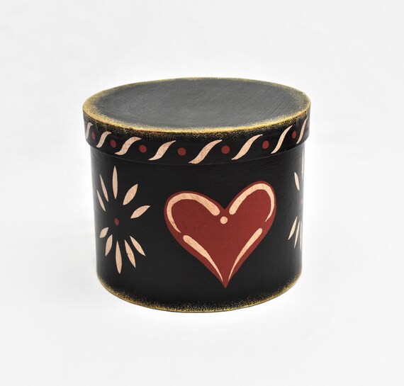 Round Shaker Style Box Primitive Black Box With Red Heart Etsy