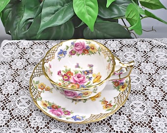 Vintage Chelsea Tea Cup and Saucer: Floral with Gold Accents