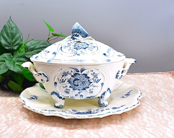 Blue and White Ceramic Soup Tureen Made in Italy