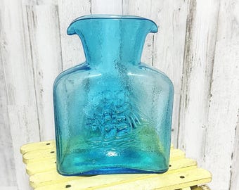 Vintage Kanawha Blue Glass Carafe – Double Spout Bottle with Clipper Ship