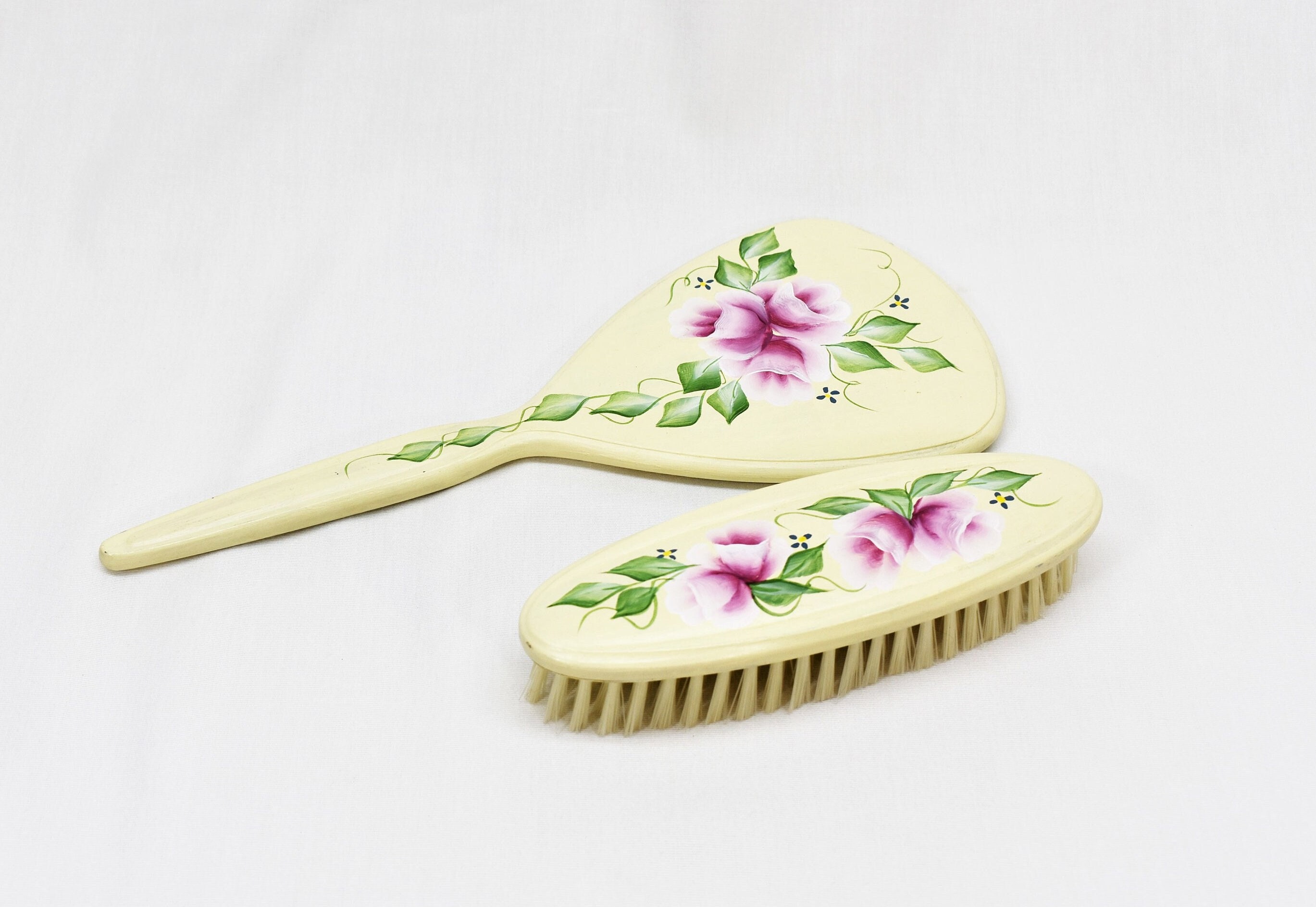 Vanity Hand Mirror and Hair Brush, Hand Painted Pink Purple Flowers with Green Ivy
