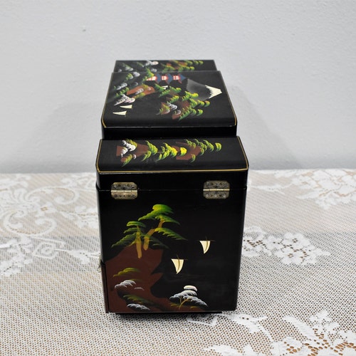 Vintage Asian Black Lacquer Jewelry Box, Large Jewelry Music shops Box With Display Window