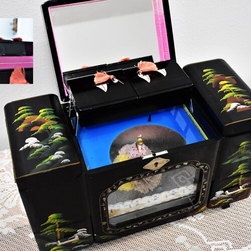 Vintage Asian Black Lacquer Jewelry Box, Large Jewelry Music shops Box With Display Window