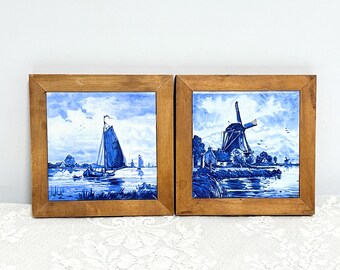 Delft Trivet with Wood Frame, Holland Sailboat and Dutch Windmill Framed Tile