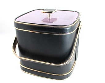 Vintage mid century modern ice bucket - midcentury, gold-tone and black, leather-like vinyl - bar accessories, decor